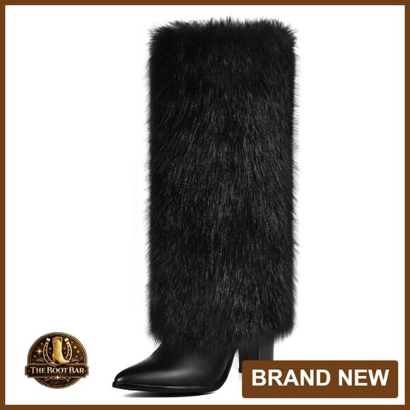 3.3-Inch Chunky Heel Knee High Faux Fur Boots Wide Calf Side Zipper - Picture 1 of 8